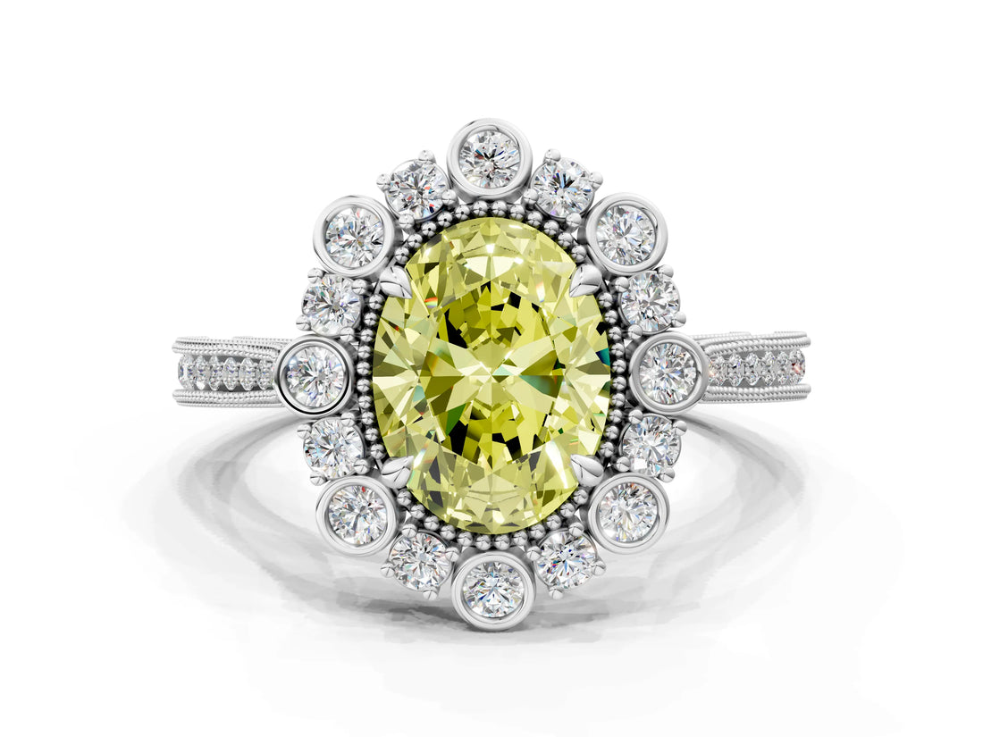 Platinum Fancy Yellow Oval  Halo Milgrain Pave Diamond Ring with Four-Prong Setting 1