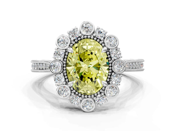 Platinum Oval Scalloped Milgrain Halo Engagement Ring Setting for Fancy Yellow Center