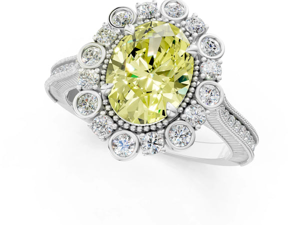 Platinum Oval Scalloped Milgrain Halo Engagement Ring Setting for Fancy Yellow Center