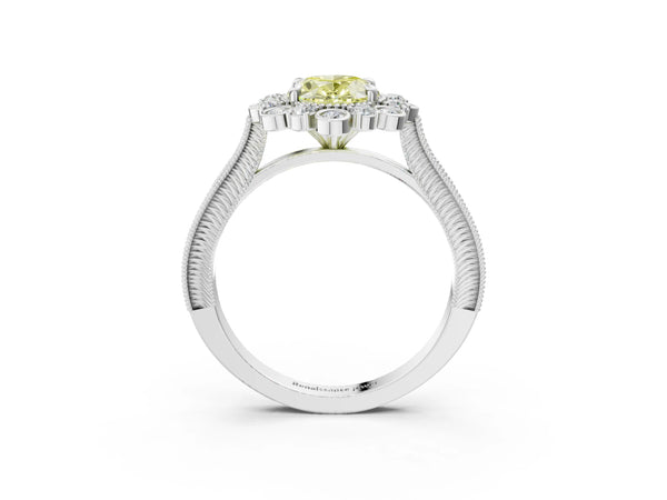 Platinum Oval Scalloped Milgrain Halo Engagement Ring Setting for Fancy Yellow Center