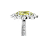 Platinum Fancy Yellow Oval  Halo Milgrain Pave Diamond Ring with Four-Prong Setting