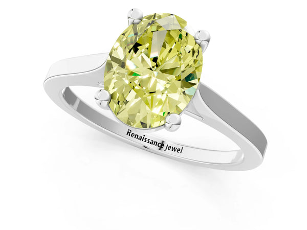 Platinum Fancy Yellow Oval  Solitaire Diamond Ring with Four-Prong Setting and Tapered Band