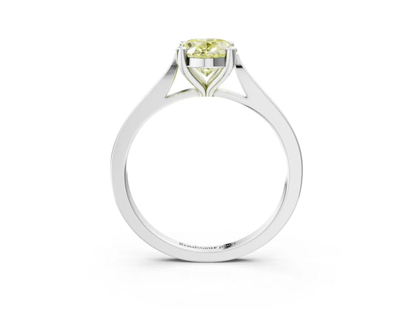 Platinum Fancy Yellow Oval  Solitaire Diamond Ring with Four-Prong Setting and Tapered Band