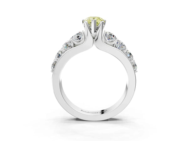 Platinum Fancy Yellow Pear  Brilliant Solitaire with Side Stones on a Pave Band and Four-Prong Setting