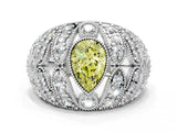 Platinum Fancy Yellow Pear Cut Brilliant Halo Pave Diamond Milgrain Ring_12