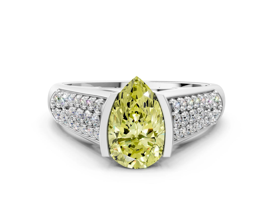 Platinum Fancy Yellow Pear Cut Cut Diamond Channel Set Pave Band with Tension Prong Setting_12