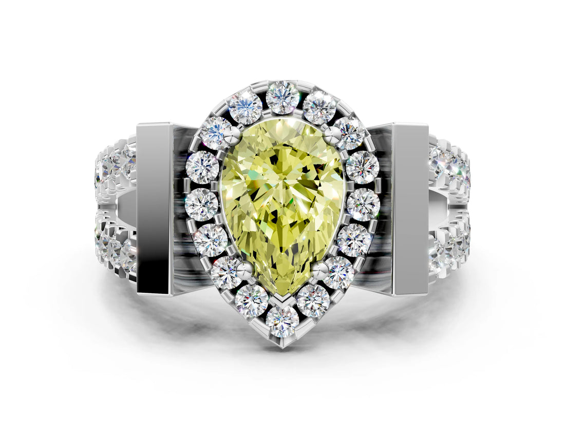 Platinum Fancy Yellow Pear Cut Cut Halo Split Shank Prong Set Ring_12