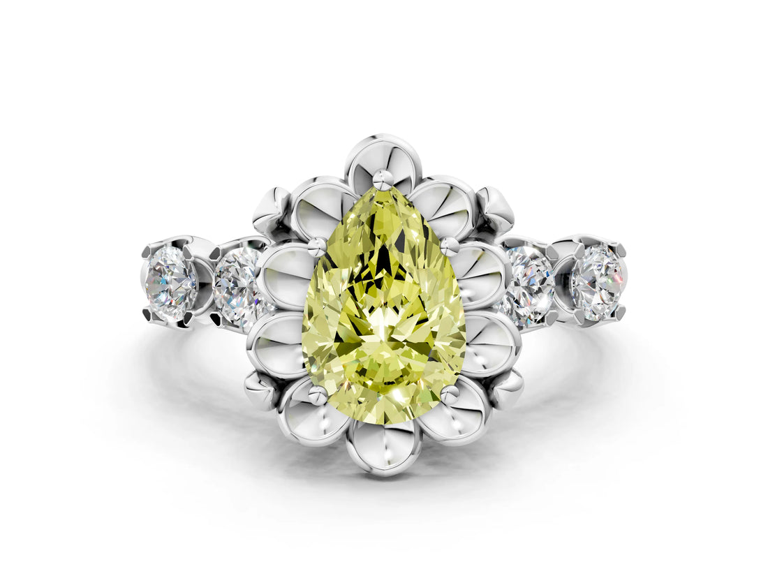 Platinum Fancy Yellow Pear  Cut Diamond Floral Halo Engagement Ring with Shared Prong Setting 1