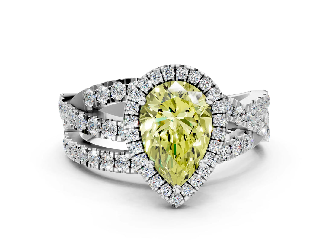 Platinum Fancy Yellow Pear Cut Diamond Halo Ring with Round Split Shank and Prong Setting