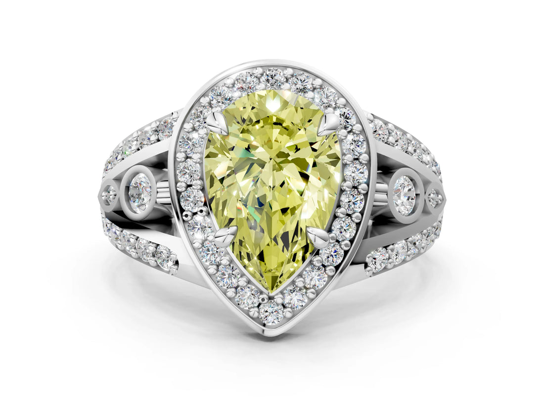 Platinum Fancy Yellow Pear Cut Diamond Halo Ring with Split Shank and Bezel Accents and Four-Prong Setting_6