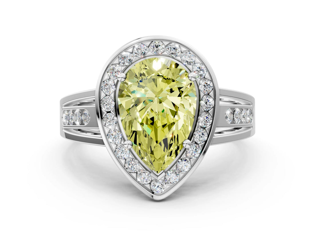 Platinum Fancy Yellow Pear Cut Diamond Halo Ring with Split Shank and Bezel Accents and Prong Setting_12