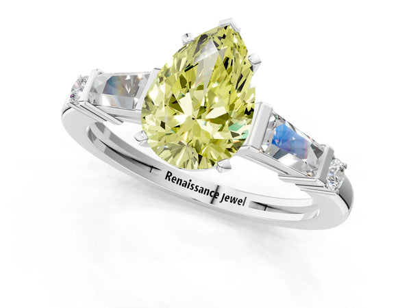 Platinum Fancy Yellow Pear  Cut Diamond Ring with Baguette Side Stones, Channel Set Band, and Four-Prong Setting