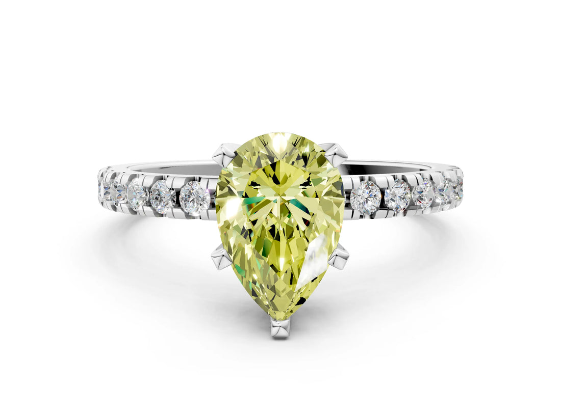 Platinum Fancy Yellow Pear Cut Diamond Solitaire Ring with Round  Pavé Band and Four-Prong Setting_36
