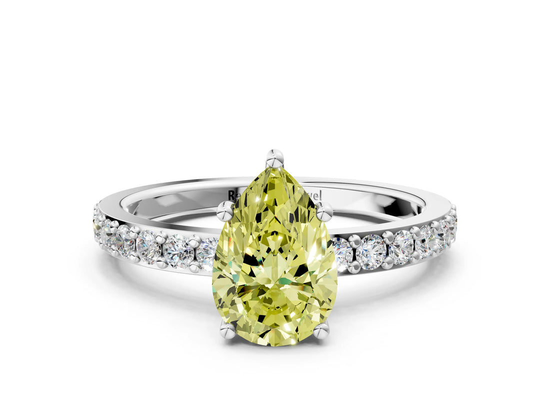 Platinum Fancy Yellow Pear  Cut Diamond Solitaire with Pave Band and Four-Prong Setting 1