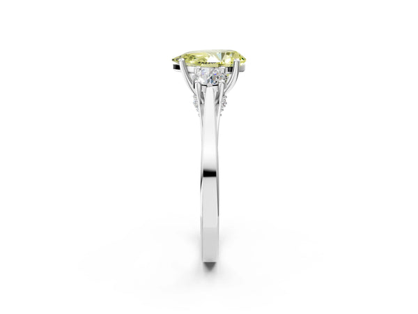 Platinum Fancy Yellow Pear Cut Diamond Three-Stone Engagement Ring with Prong Setting and Pavé Band