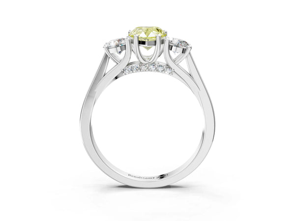 Platinum Fancy Yellow Pear Cut Diamond Three-Stone Engagement Ring with Prong Setting and Pavé Band