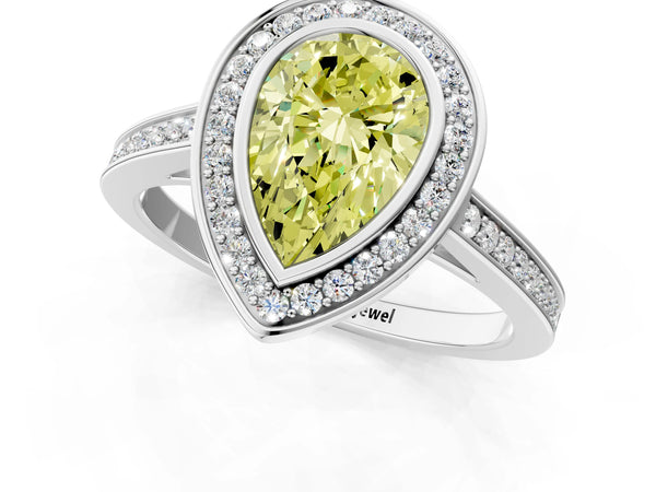 Platinum Fancy Yellow Pear Cut Halo Bezel Diamond Pave Band Ring