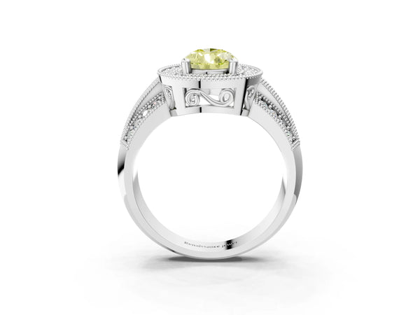 Platinum Fancy Yellow Pear Cut Halo Diamond Engagement Ring with Pave Split Shank and Four-Prong Setting