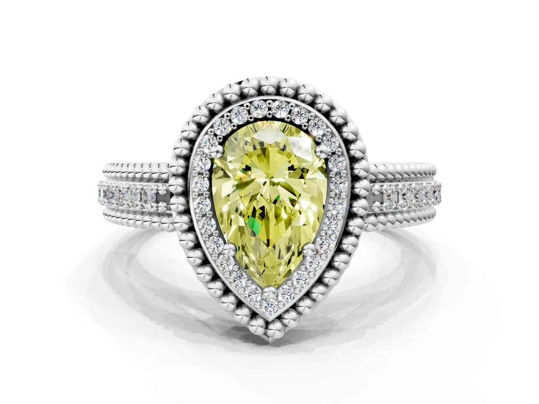 Platinum Fancy Yellow Pear Cut Halo Diamond Ring with Beaded Split Shank and Four-Prong Setting_6
