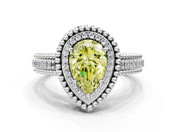 Platinum Pear-Shaped Beaded Halo Engagement Ring Setting for Fancy Yellow Center with Pave