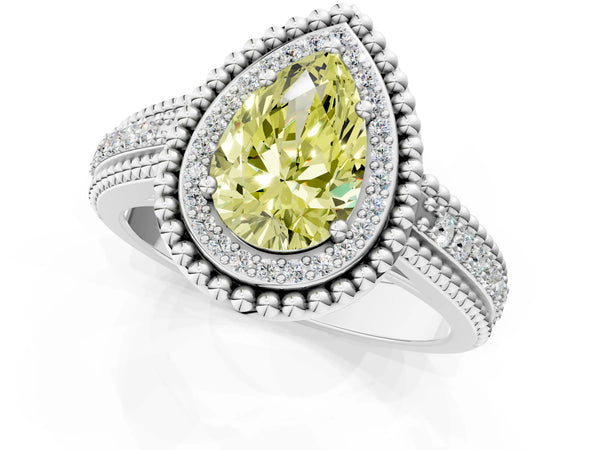 Platinum Pear-Shaped Beaded Halo Engagement Ring Setting for Fancy Yellow Center with Pave