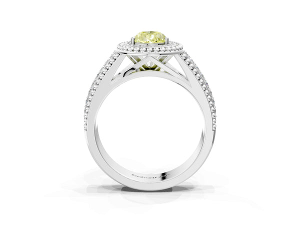Platinum Pear-Shaped Beaded Halo Engagement Ring Setting for Fancy Yellow Center with Pave