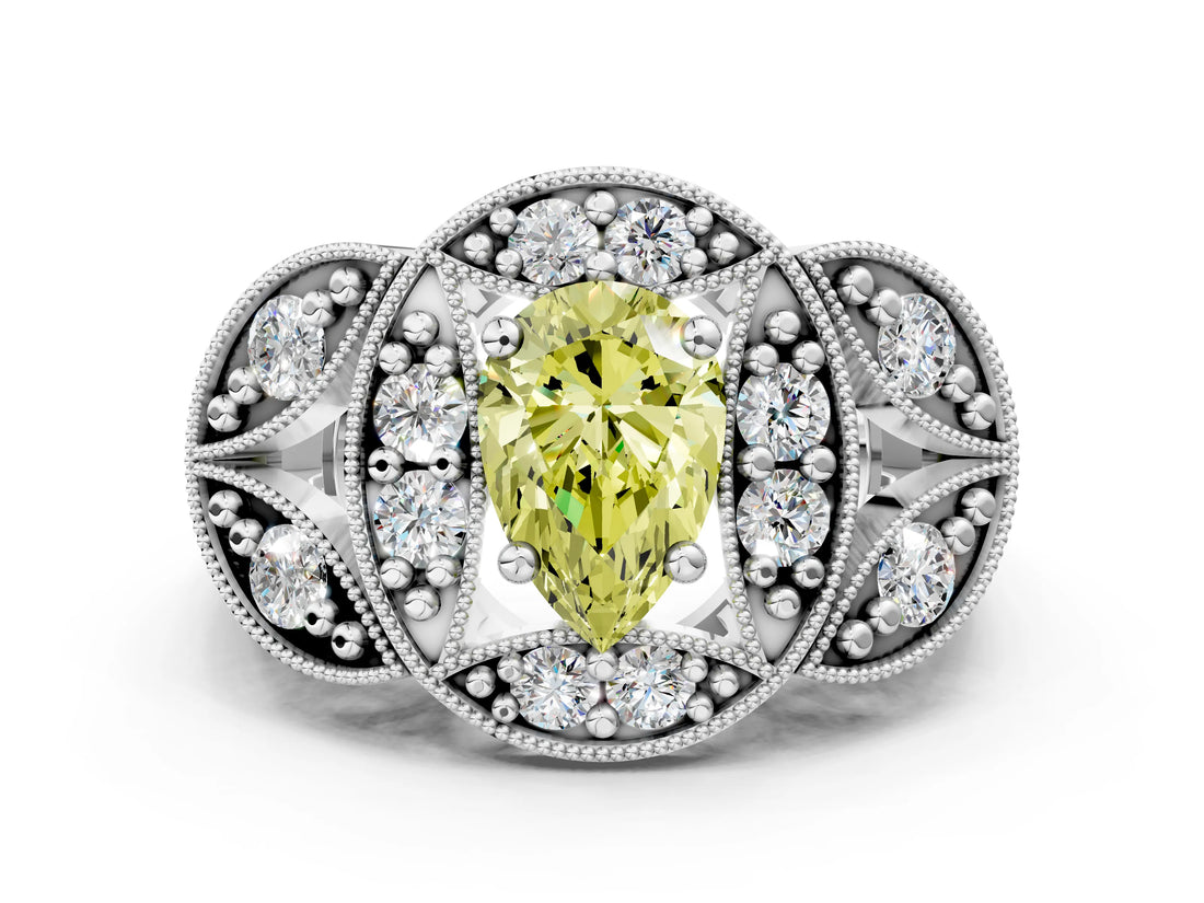 Platinum Fancy Yellow Pear Cut Halo Milgrain Diamond Engagement Ring with Leaf Band and Four-Prong Setting_12