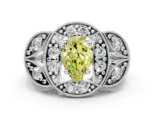 Platinum Fancy Yellow Pear Cut Halo Milgrain Diamond Engagement Ring with Leaf Band and Four-Prong Setting