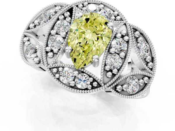 Platinum Fancy Yellow Pear Cut Halo Milgrain Diamond Engagement Ring with Leaf Band and Four-Prong Setting
