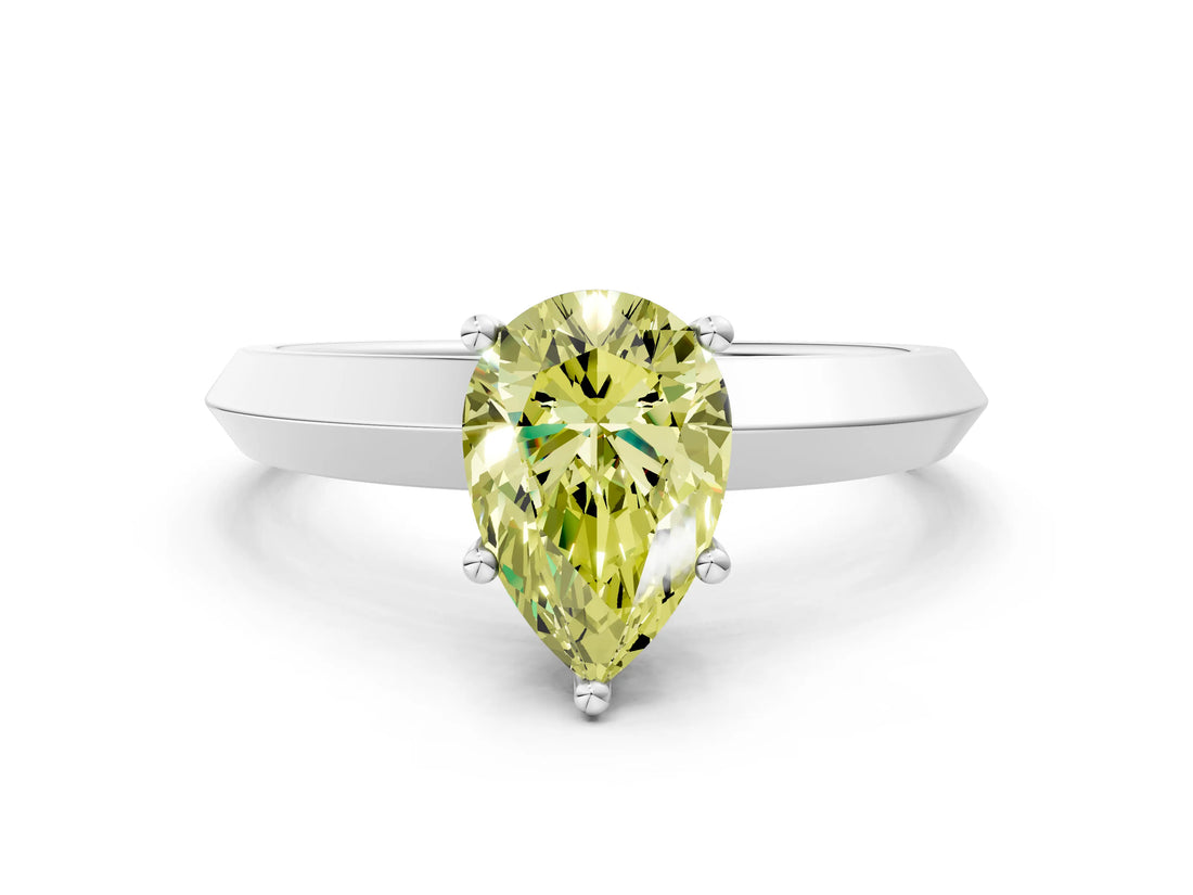 Platinum Fancy Yellow Pear  Cut Solitaire Engagement Ring with Flat Band and Four-Prong Setting