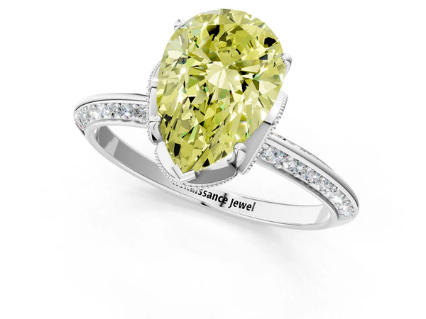 Platinum Pear-Shaped Graduated Pave Engagement Ring Setting for Fancy Yellow Center