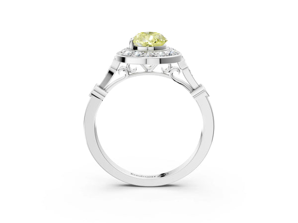 Platinum Fancy Yellow Pear  Halo Diamond Engagement Ring with Twisted Band and Four-Prong Setting