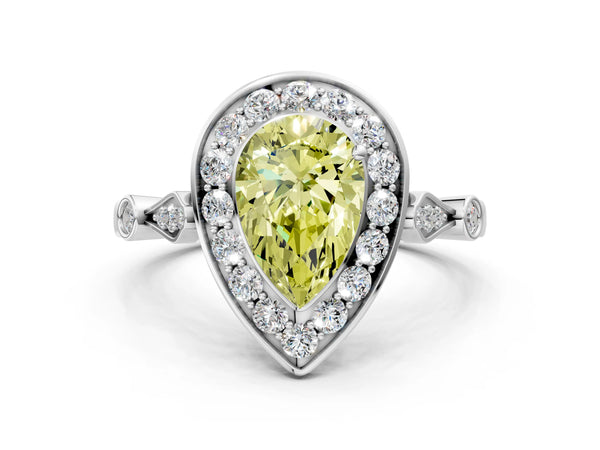 Platinum Fancy Yellow Pear  Halo Diamond Engagement Ring with Twisted Band and Four-Prong Setting