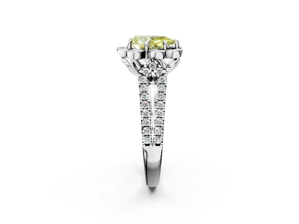 Platinum Fancy Yellow Pear  Halo Diamond Floral Split Shank Engagement Ring