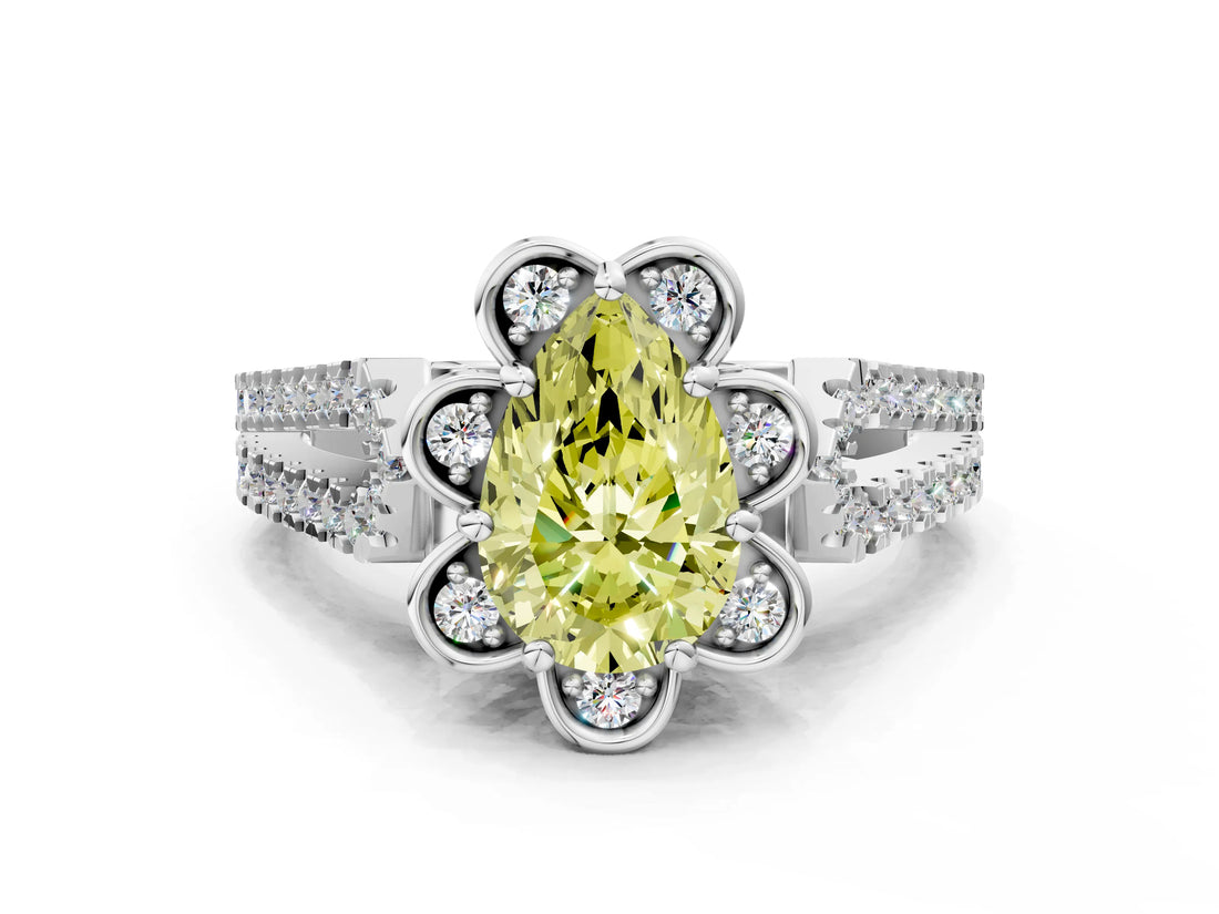 Platinum Fancy Yellow Pear  Halo Diamond Floral Split Shank Engagement Ring