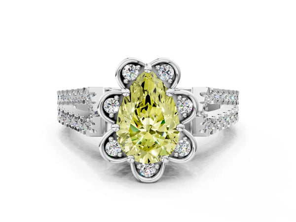 Platinum Fancy Yellow Pear  Halo Diamond Floral Split Shank Engagement Ring