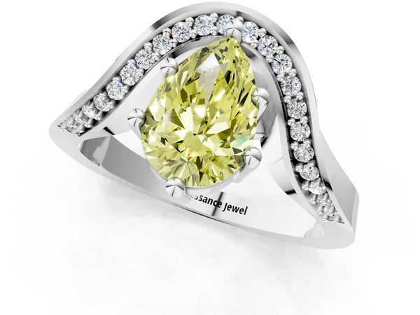 Platinum Fancy Yellow Pear  Solitaire Diamond Engagement Ring with Pave Band and Four-Prong Setting