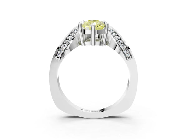 Platinum Fancy Yellow Pear  Solitaire Diamond Engagement Ring with Pave Band and Four-Prong Setting