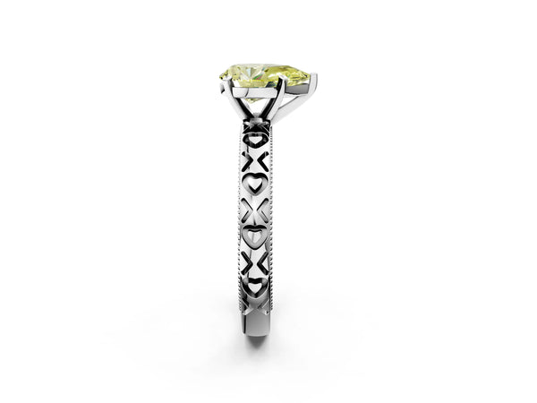 Platinum Fancy Yellow Pear  Solitaire Diamond Engagement Ring with XO Engraved Band and Four-Prong Setting
