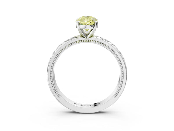 Platinum Fancy Yellow Pear  Solitaire Diamond Engagement Ring with XO Engraved Band and Four-Prong Setting