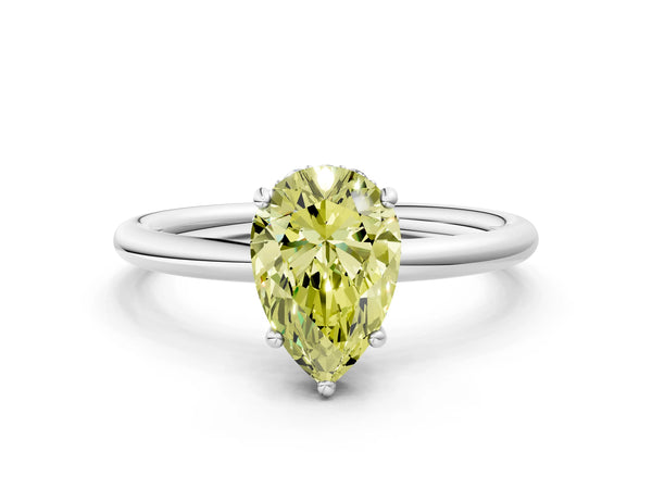 Platinum Fancy Yellow Pear  Solitaire Diamond Ring with a Classic Band and Four-Prong Setting