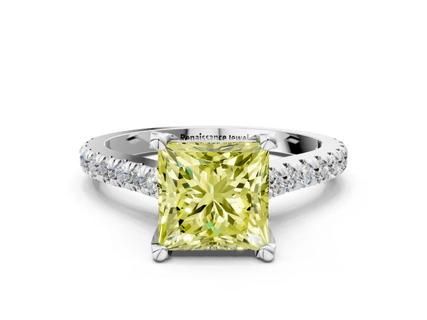 Platinum Fancy Yellow Princess  Brilliant Diamond Solitaire with Pavé Band and Four-Prong Setting