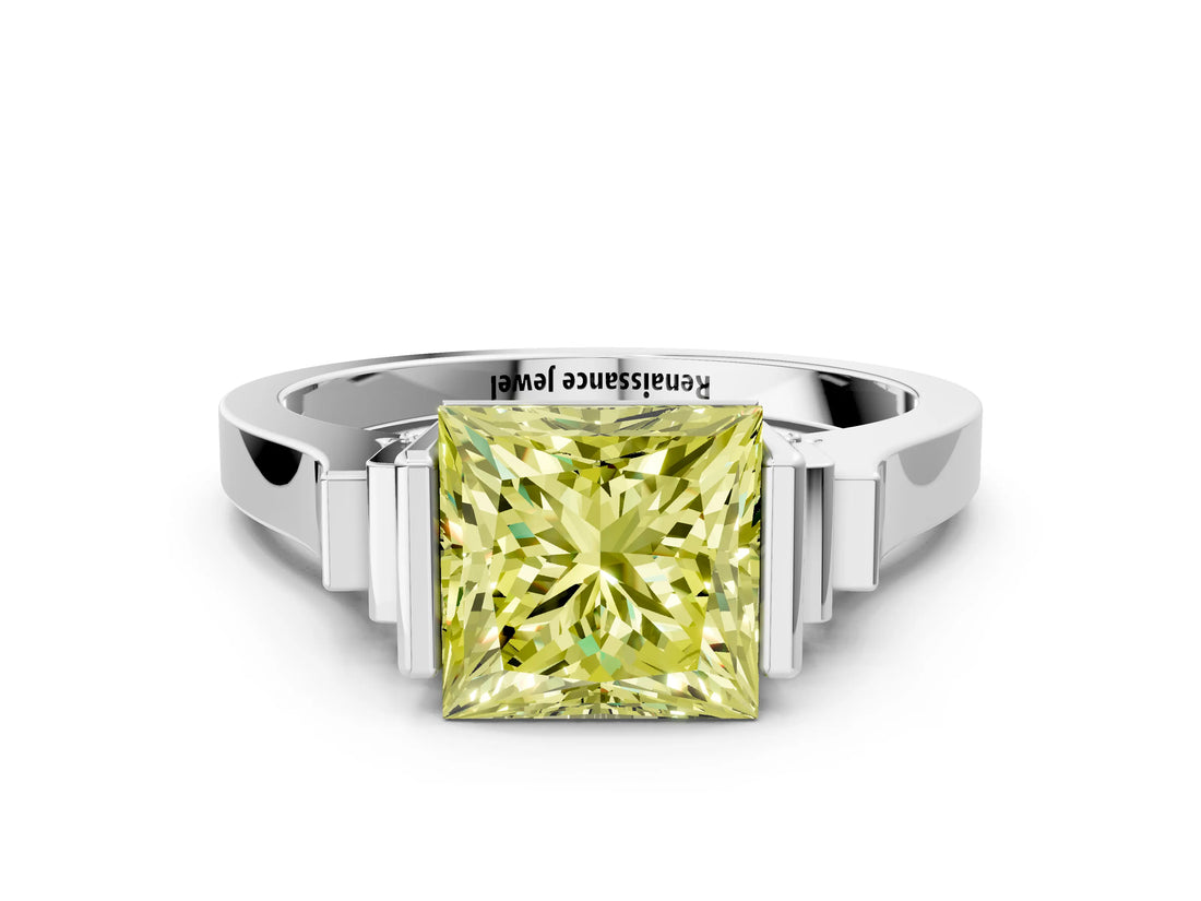 Platinum Fancy Yellow Princess Cut Brilliant Solitaire Diamond Ring with Channel Set Band and Bar Prong Setting_6