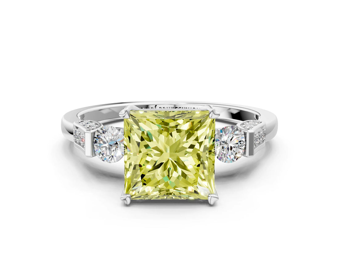 Platinum Fancy Yellow Princess Cut Brilliant Three-Stone Pave Band with Four-Prong Setting_6