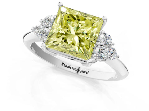 Platinum Fancy Yellow Princess Cut Cut Diamond Cluster Ring with Solitaire Band and Four-Prong Setting_25