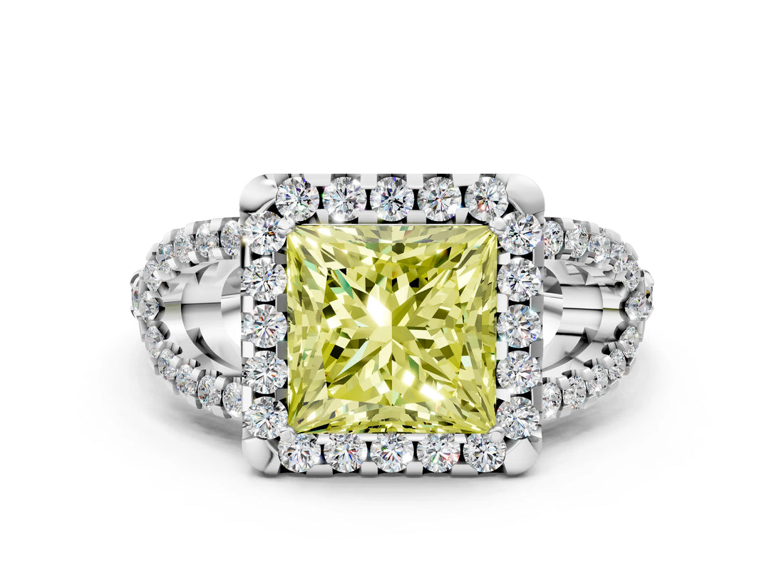Platinum Fancy Yellow Princess Cut Cut Diamond Halo Engagement Ring with Open Split Pavé Band_6