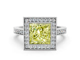 Platinum Fancy Yellow Princess Cut-Cut Diamond Halo Engagement Ring with Pave Band and Prong Setting_12