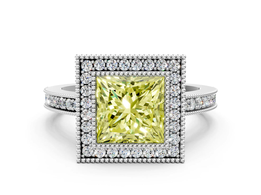 Platinum Fancy Yellow Princess Cut Cut Halo Pavé Diamond Ring_12