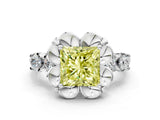 Platinum Fancy Yellow Princess  Cut Diamond Floral Halo Engagement Ring with Shared Prong Setting