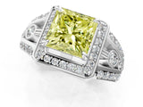 Platinum Fancy Yellow Princess Cut Diamond Halo Ring with Split Shank and Bezel Accents and Four-Prong Setting_7